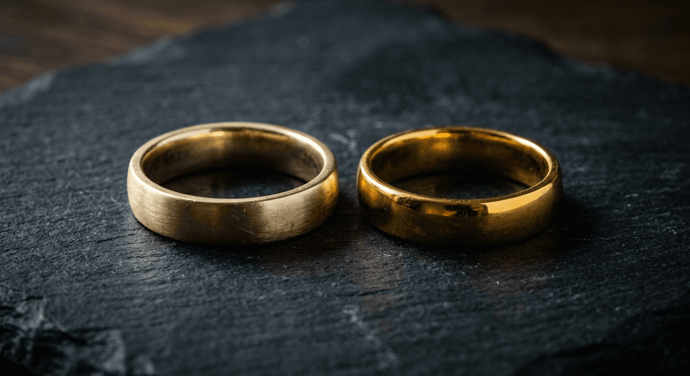Side-by-side comparison of 14 karat and 18 karat gold rings showing the subtle color difference