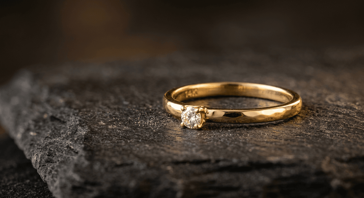 Close-up of a 14 karat gold ring with the 585 hallmark stamp visible on the inner band
