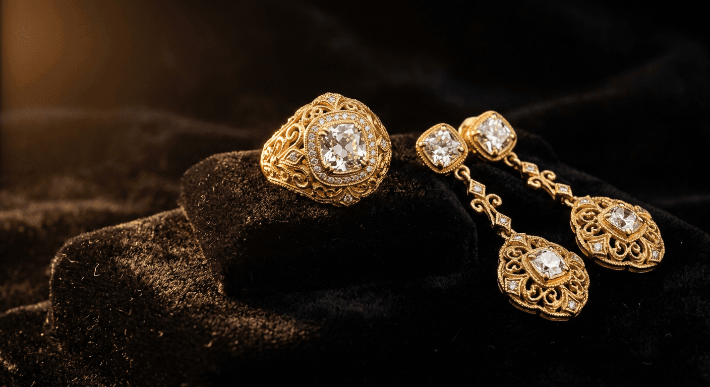 Luxurious 18 karat gold jewelry with the 750 hallmark, displayed on black velvet