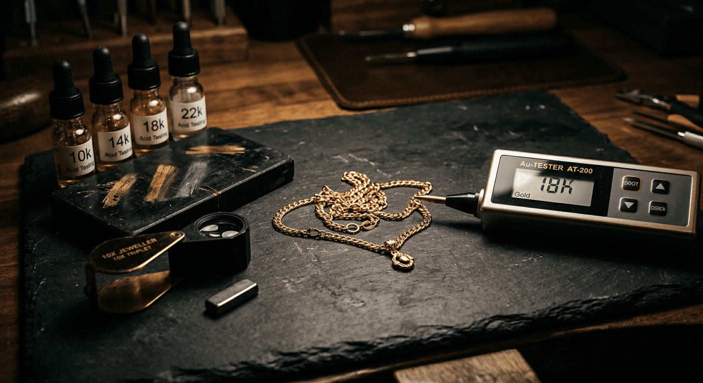 Gold testing equipment including a jeweler loupe, acid test kit, and magnet alongside a gold necklace