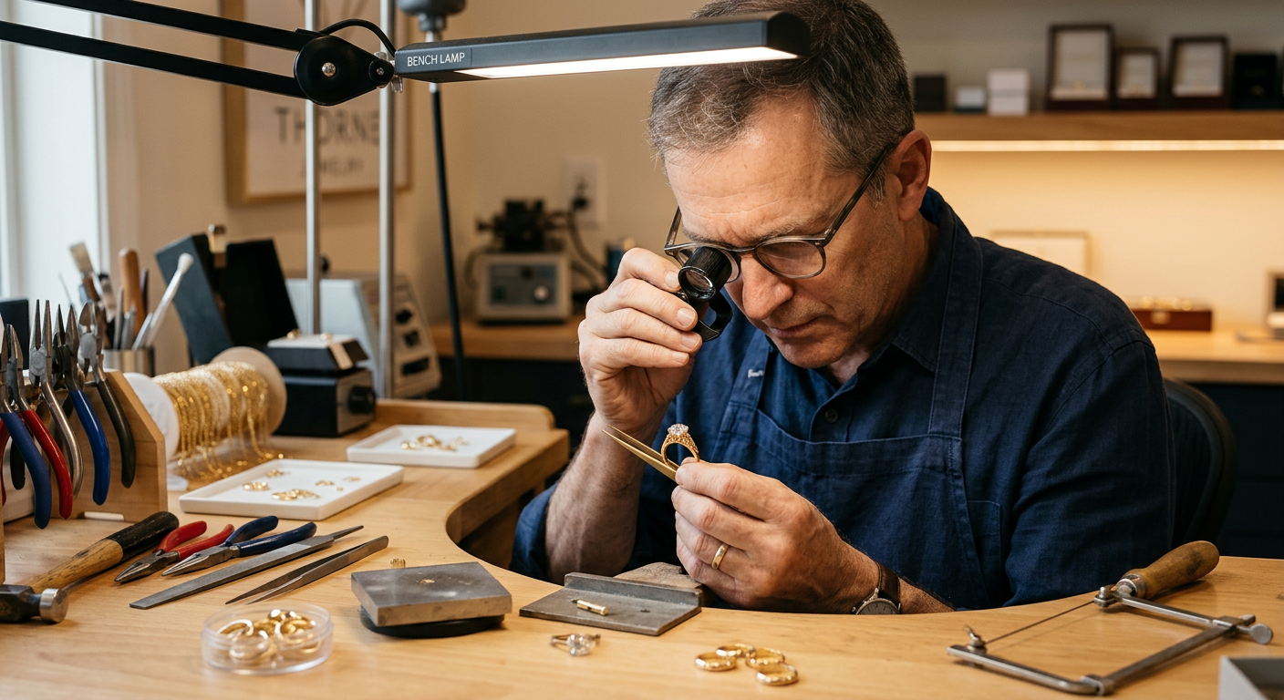 Jeweler examining a gold ring with precision instruments at a clean workbench