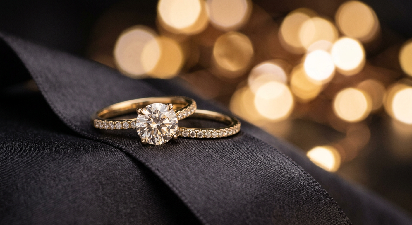 Two gold engagement rings with diamonds in a romantic setting - one 14K and one 18K gold
