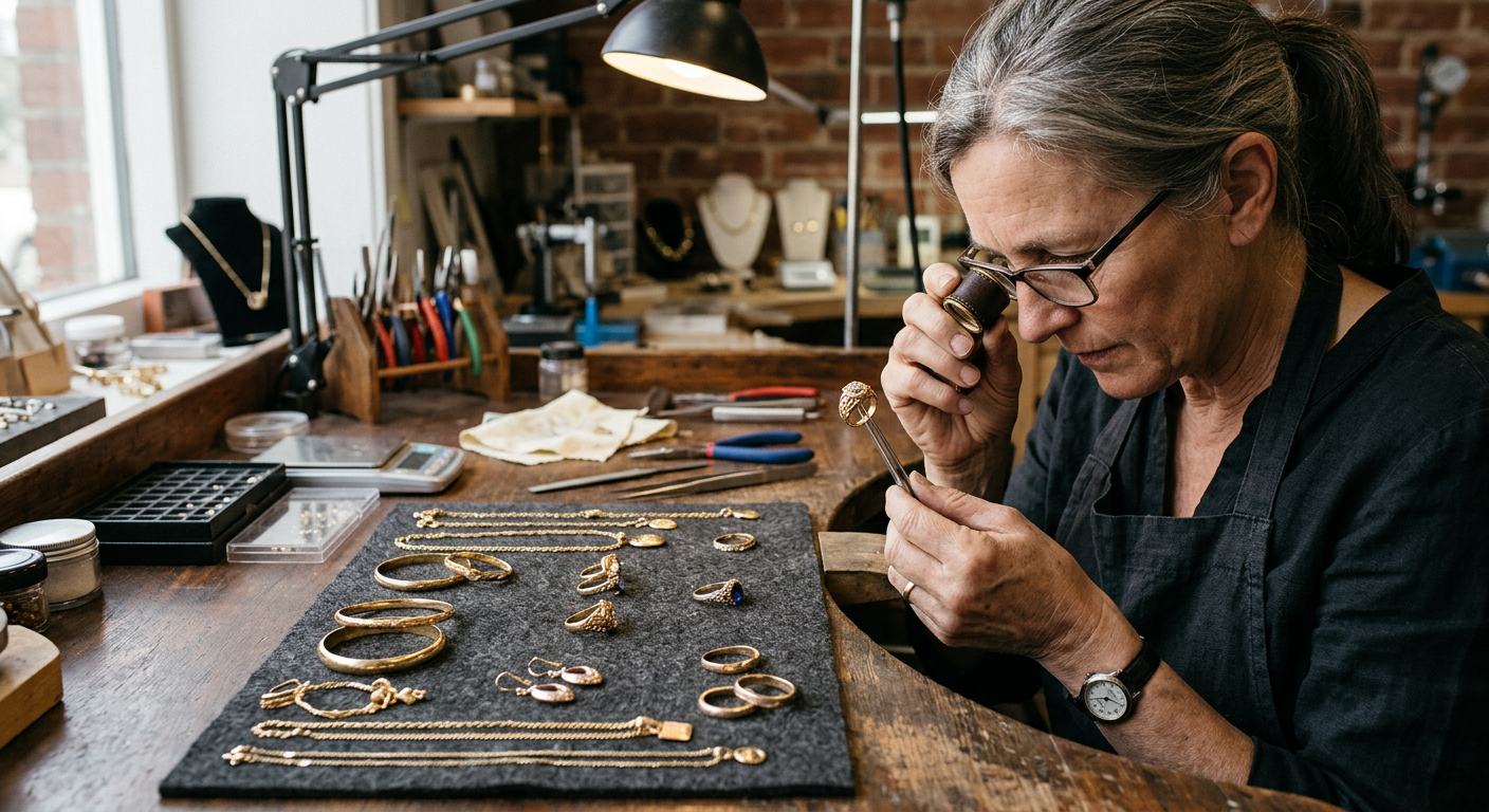 Close-up of a jeweler examining gold pieces of different karats with a loupe, showing subtle color differences