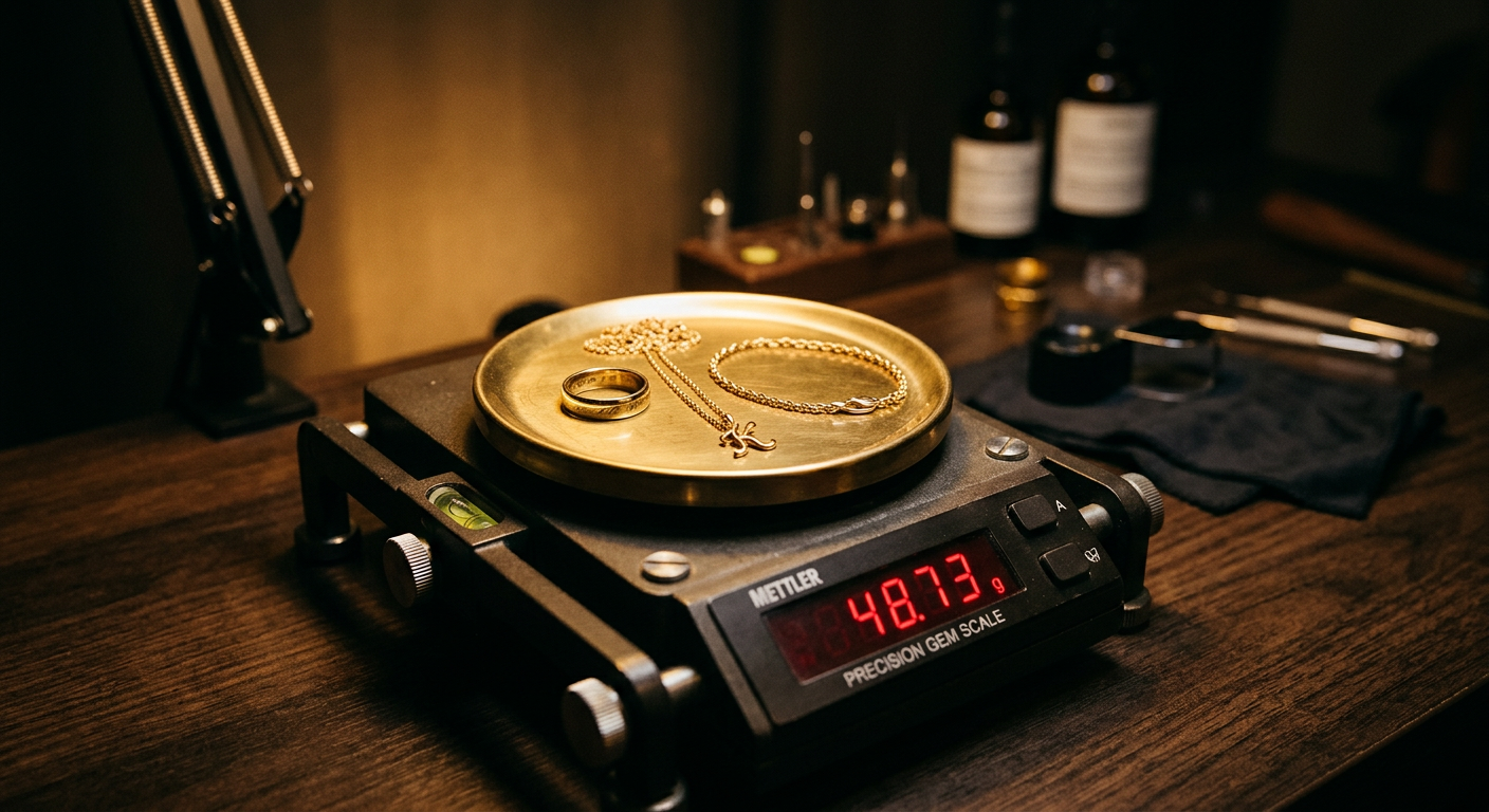 14 karat gold jewelry pieces arranged on a precision jeweler's scale for weighing and valuation