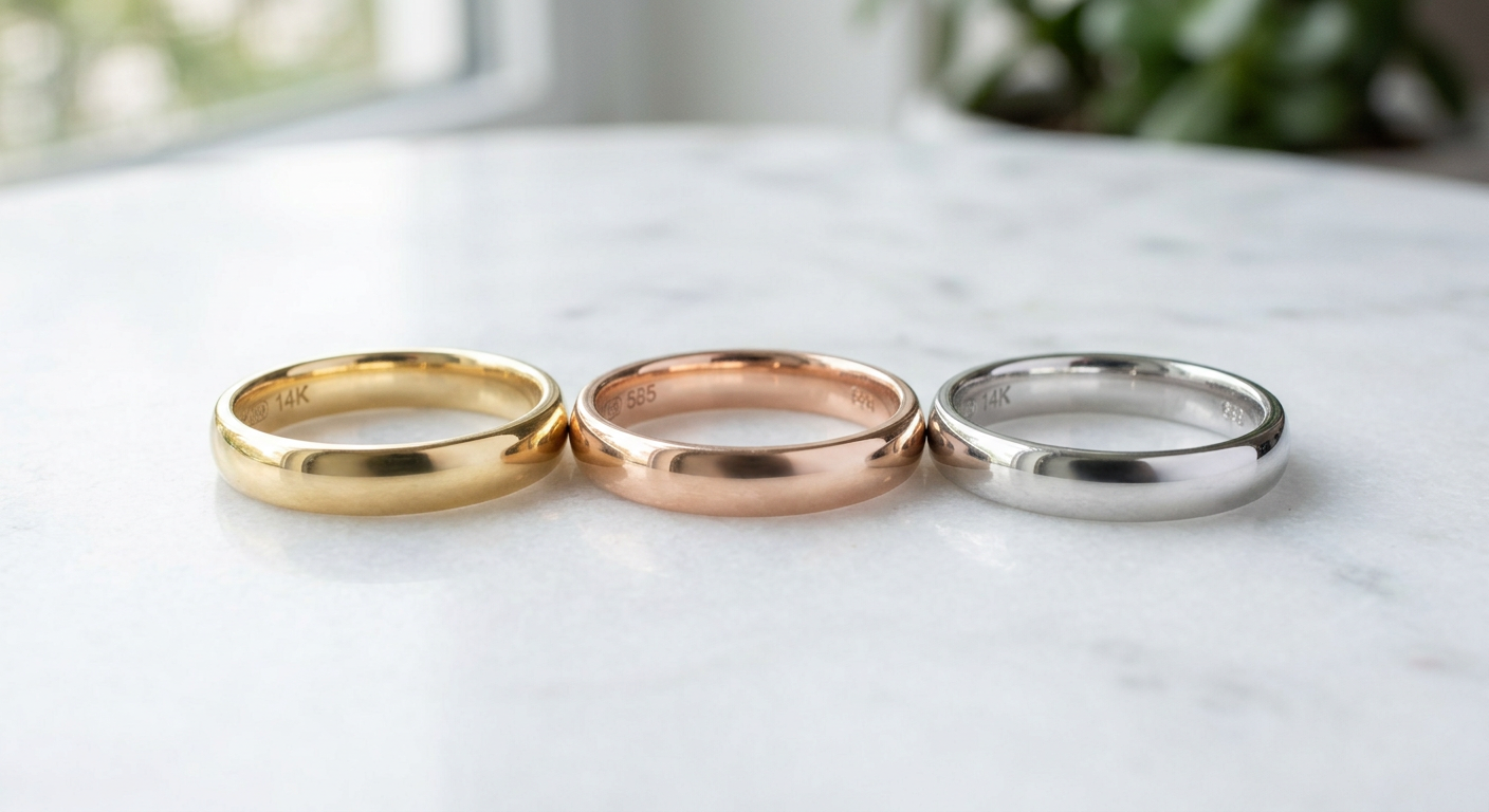 Three 18 karat gold rings in yellow gold, rose gold, and white gold showing 750 gold color variations