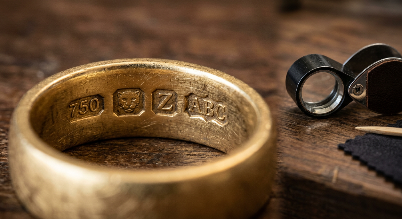 Close-up macro photograph of European gold hallmarks stamped inside a gold ring band