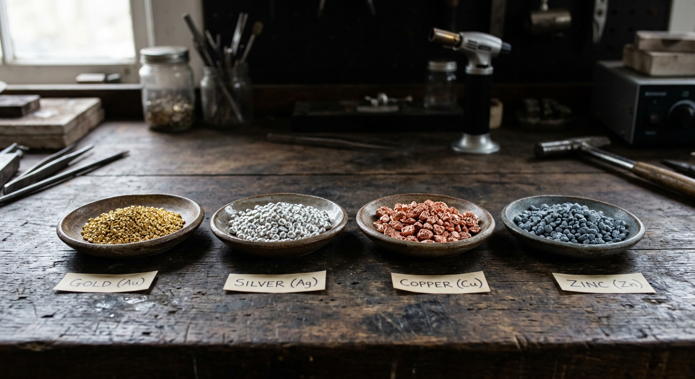 Jeweler's workspace showing different metals used in gold alloys - pure gold, silver, copper, zinc, and nickel