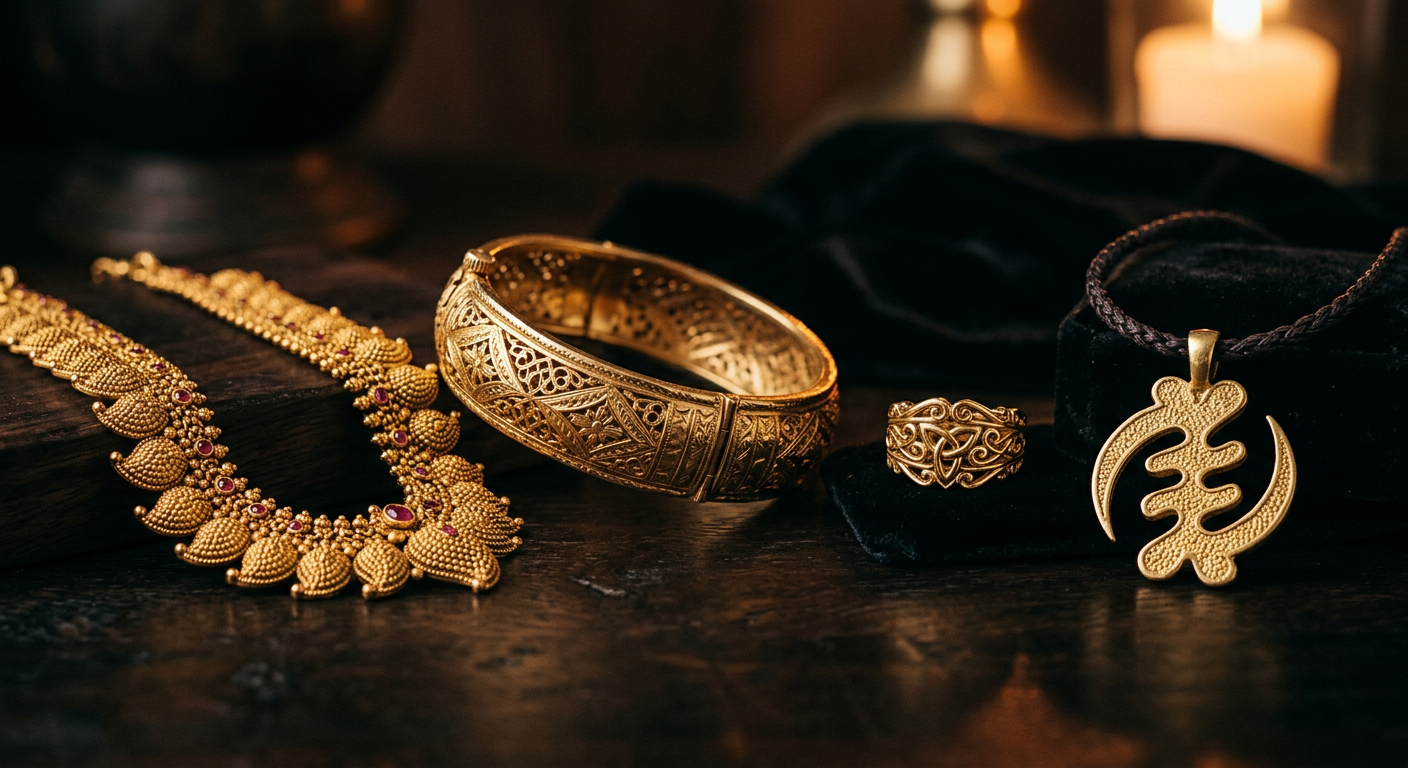 Gold jewelry from different cultural traditions - Italian chain, Indian bangle, American ring, Middle Eastern pendant