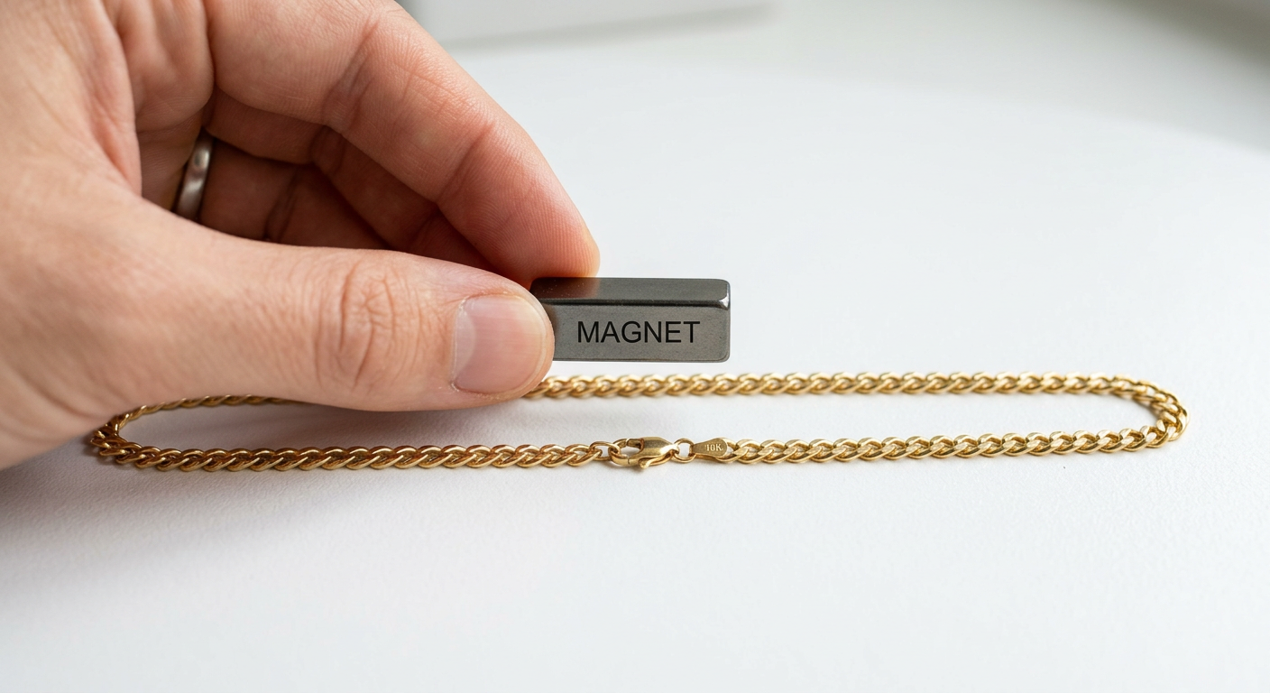 A neodymium magnet held near a gold chain demonstrating the magnet test for gold authenticity