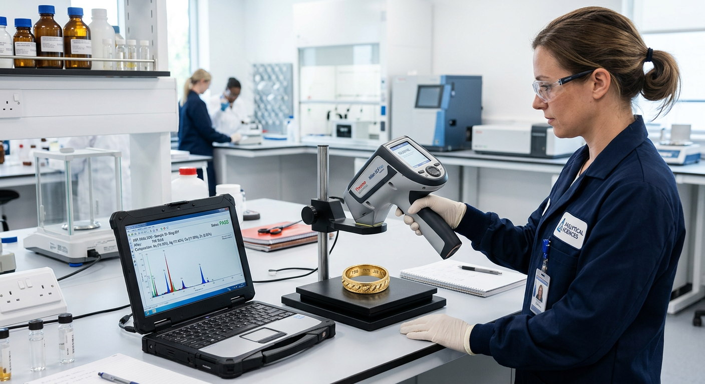 XRF spectrometer analyzing a gold ring in a modern jewelry appraisal laboratory
